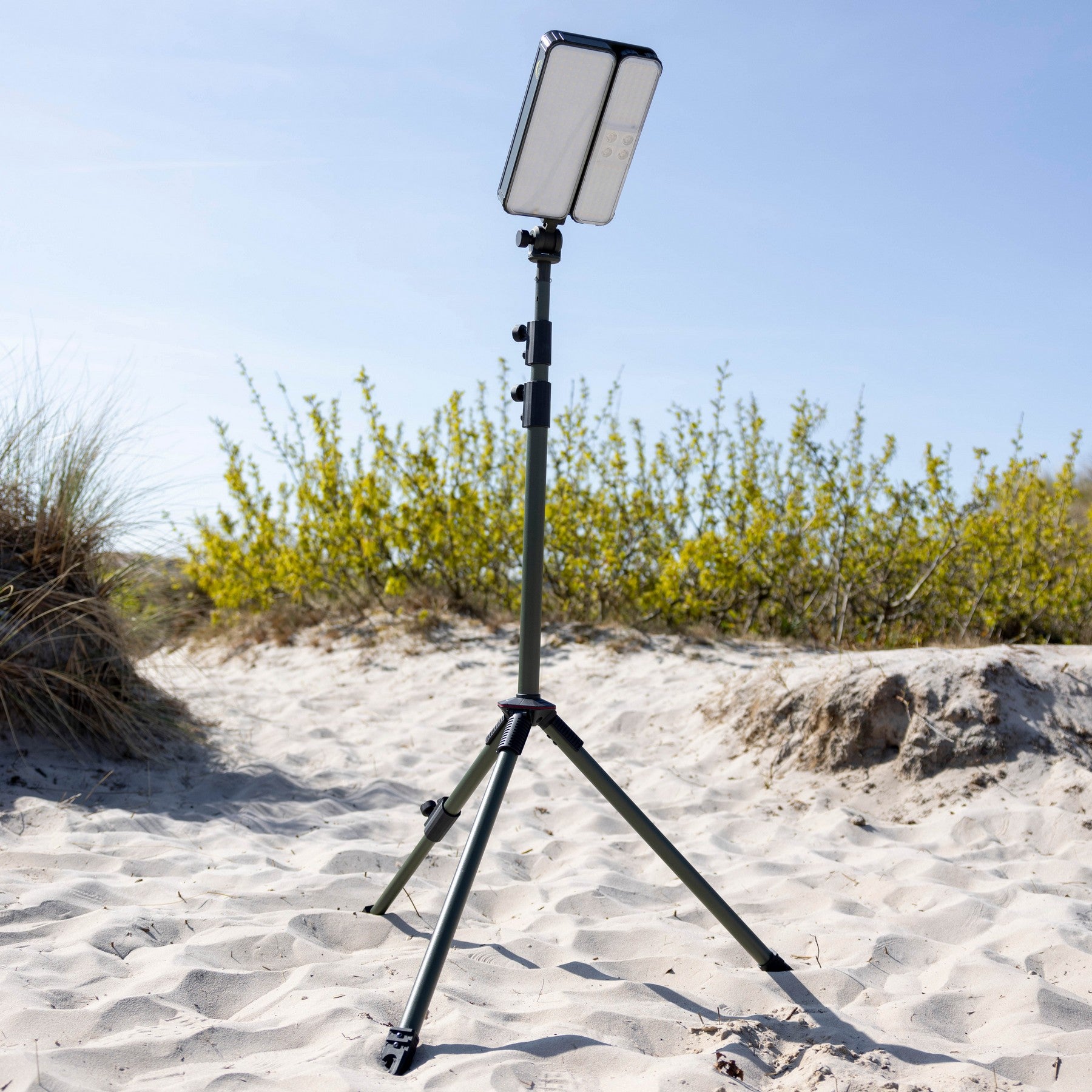 Light on a tripod in a sandy outdoor setting with plants in the background